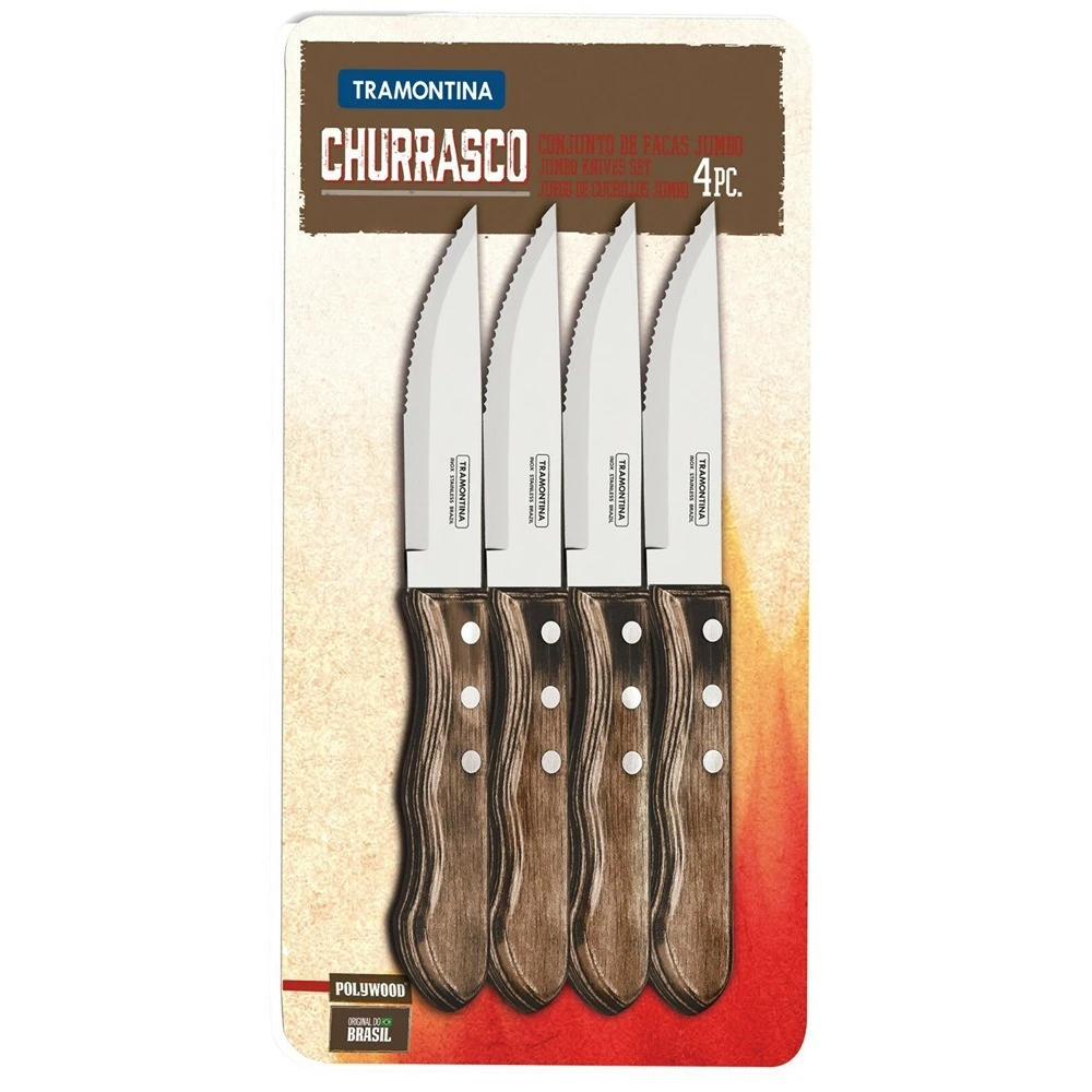 Tramontina Jumbo Steak Knives Set 4 - Brown Polywood Handles - Blister Packed